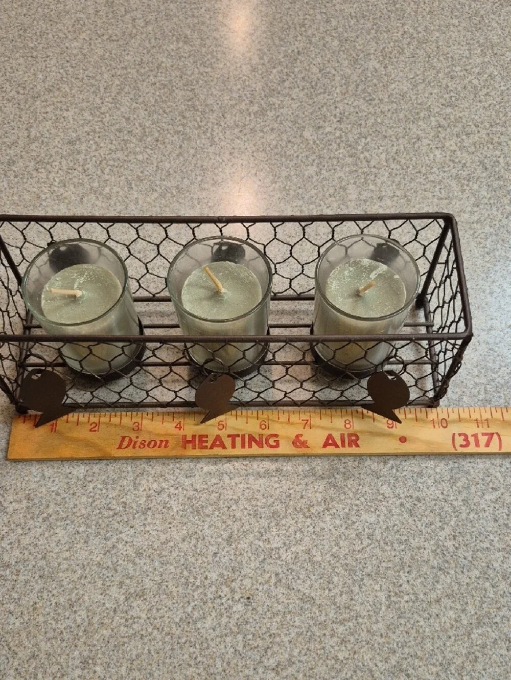 Rustic Metal Wire Votive Light Holder with Green Candles And Fish Charms